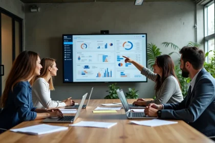 Équipe de professionnels collaborant autour d'une table de réunion avec des outils numériques et un tableau de bord partagé
