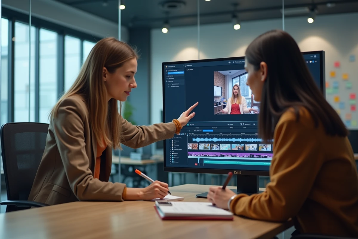 Deux femmes collaborant sur un projet de vidéo Canva pour les réseaux sociaux dans un studio créatif moderne