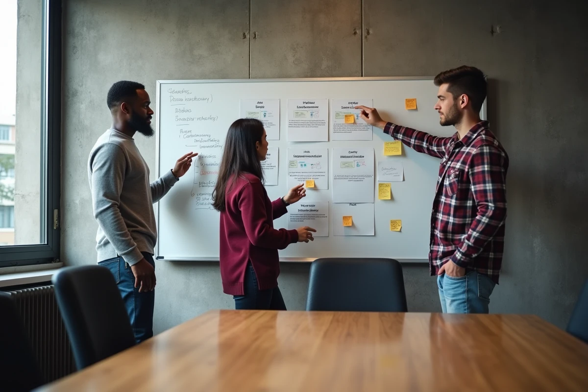 Une équipe de professionnels en cybersécurité discute d'une architecture de sécurité logicielle devant un tableau blanc dans une salle de réunion
