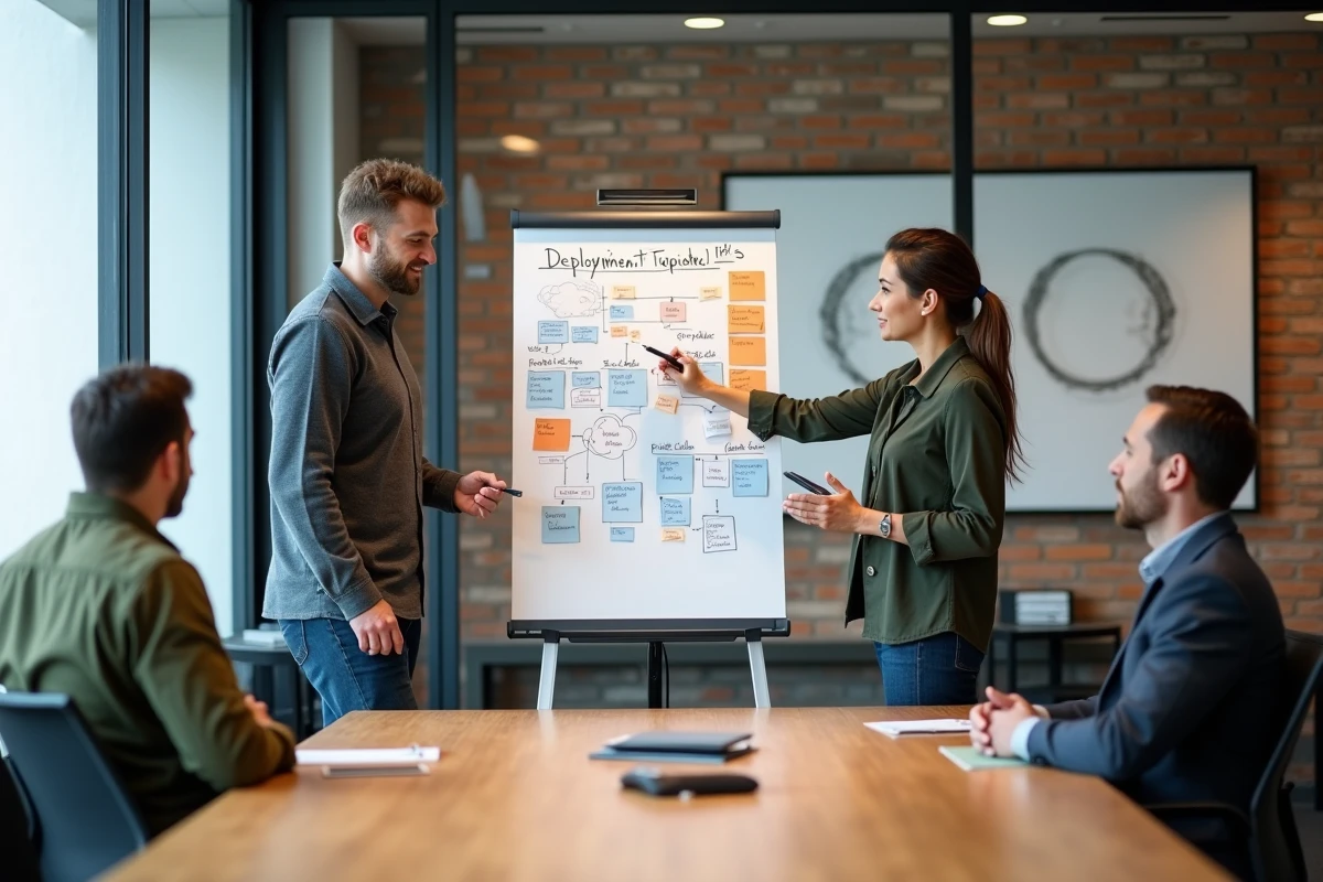 Équipe informatique française discutant des stratégies de déploiement cloud et on-premise sur un tableau blanc