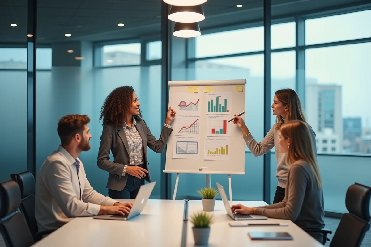 Équipe marketing analysant les indicateurs de performance KPI d'un réseau social lors d'une réunion stratégique
