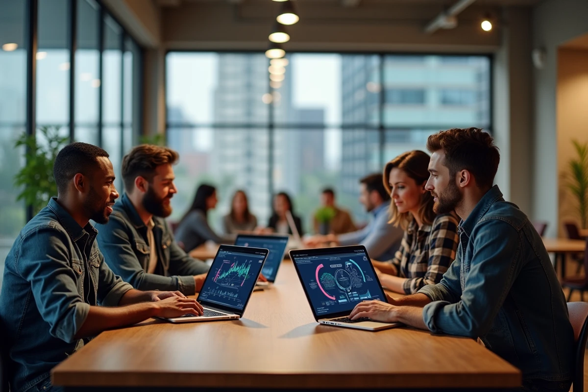 Équipe de développeurs collaborant sur la maintenance du réseau Bitcoin dans un espace de coworking