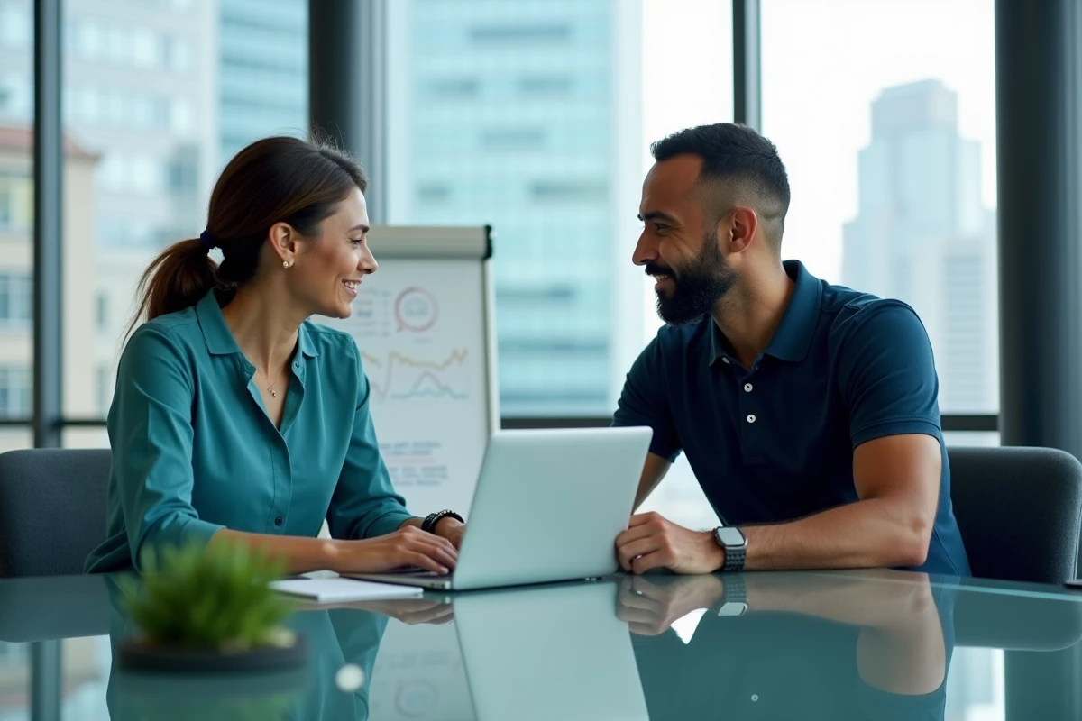 Équipe de spécialistes du marketing collaborant autour d'une plateforme de gestion de campagnes publicitaires automatisées dans une salle de réunion moderne