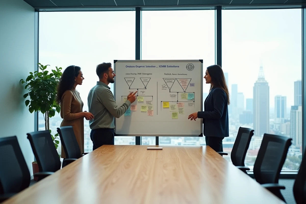 Équipe marketing discutant des différences entre SMM organique et publicité payante sur les réseaux sociaux autour d'un tableau blanc