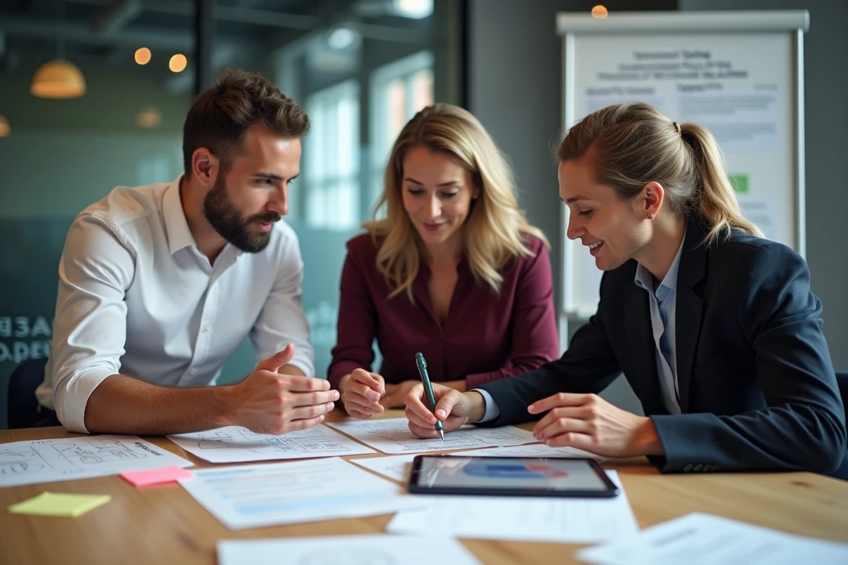 Équipe de professionnels du web collaborant autour d'une stratégie d'optimisation de site internet avec des wireframes et rapports de performance