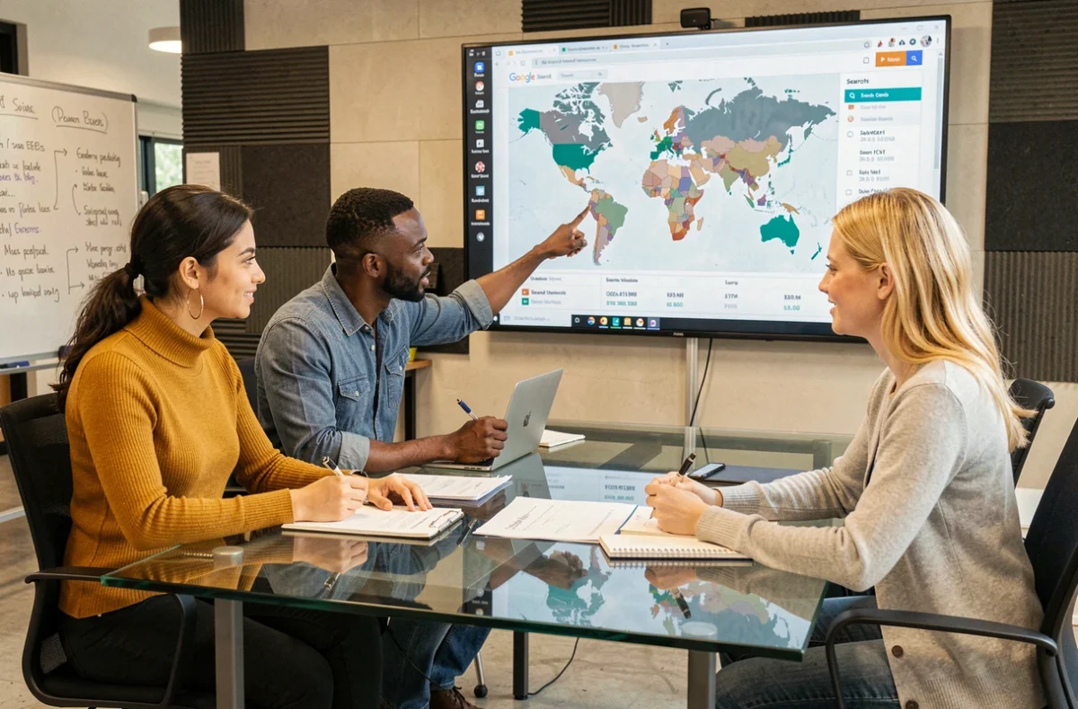 Équipe marketing internationale collaborant sur une stratégie de référencement Google USA en salle de réunion