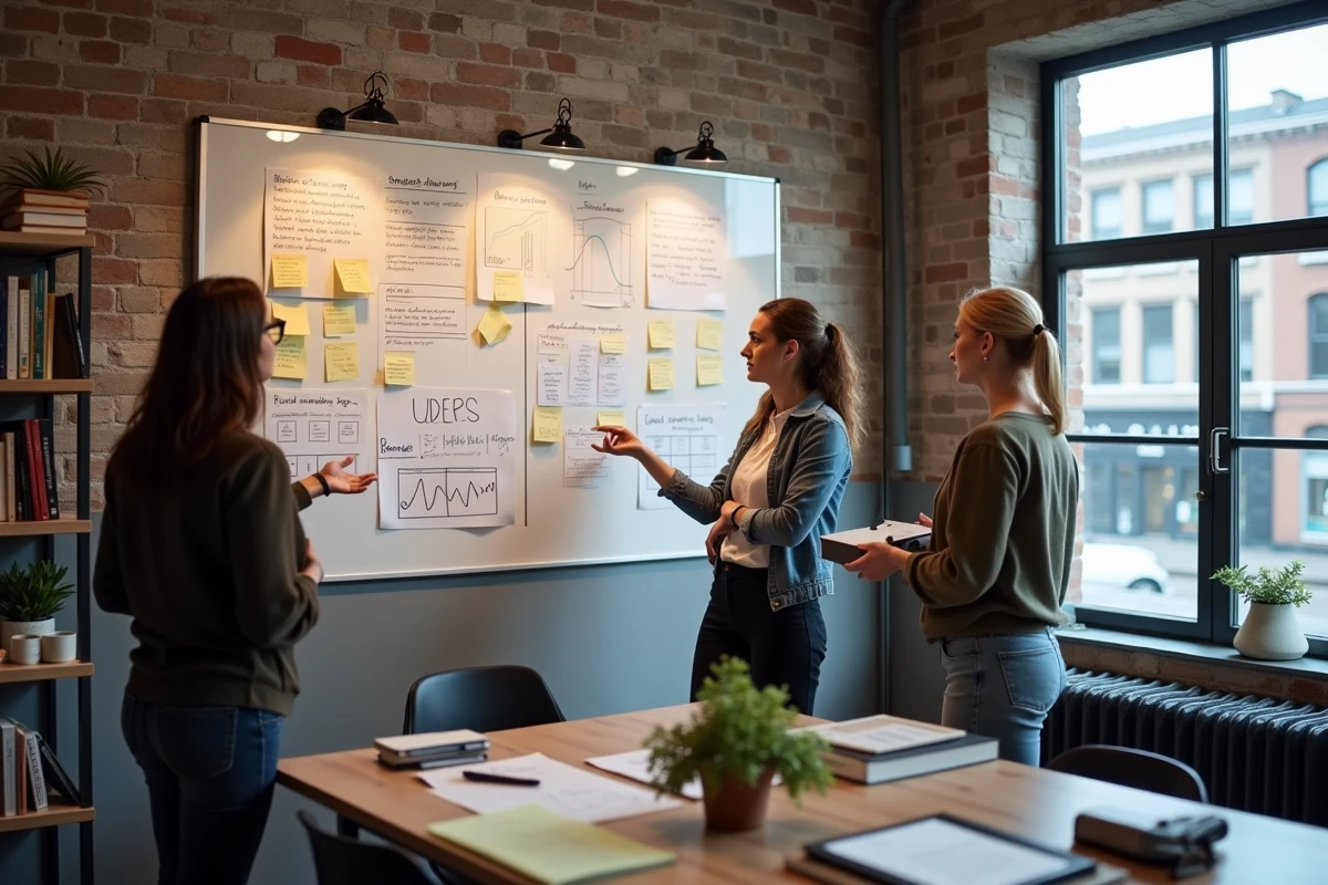 Équipe UX collaborant autour d'un tableau blanc avec des matrices de benchmarking et des cartes de parcours utilisateur