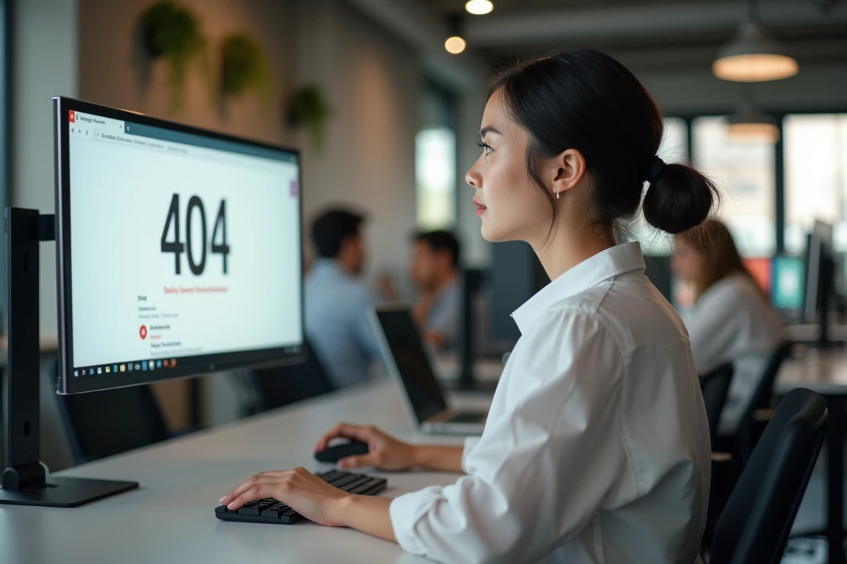 Développeuse web analysant une page d'erreur 404 sur un grand écran dans un espace de coworking moderne