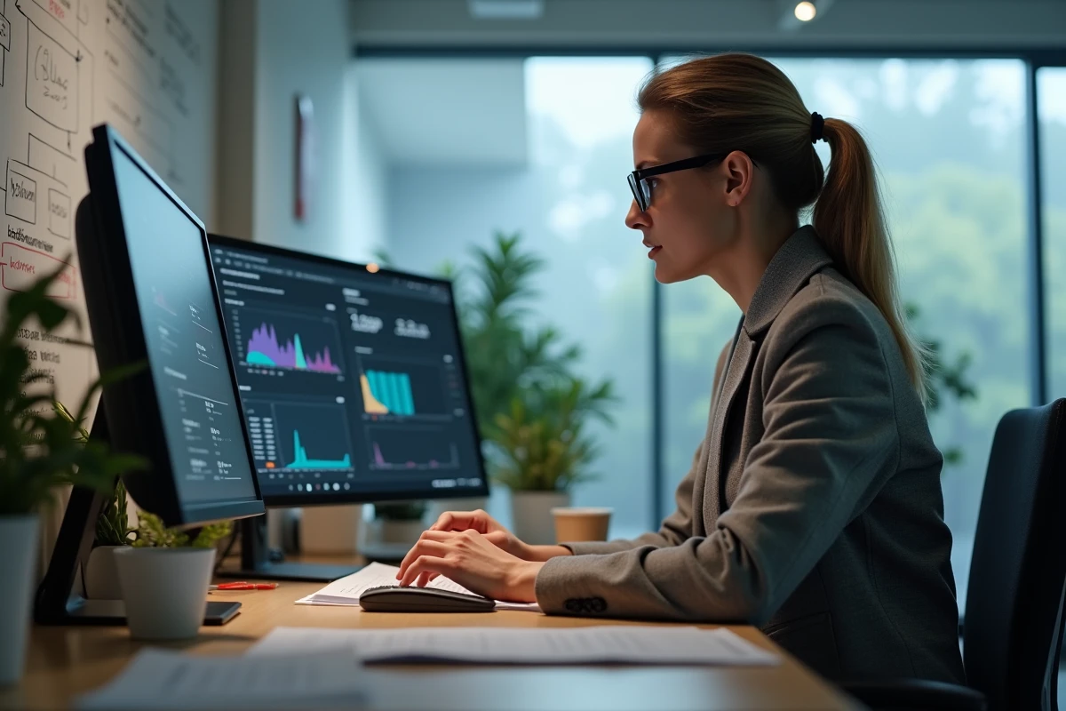 Employée de bureau analysant les erreurs d'un logiciel d'automatisation sur deux écrans
