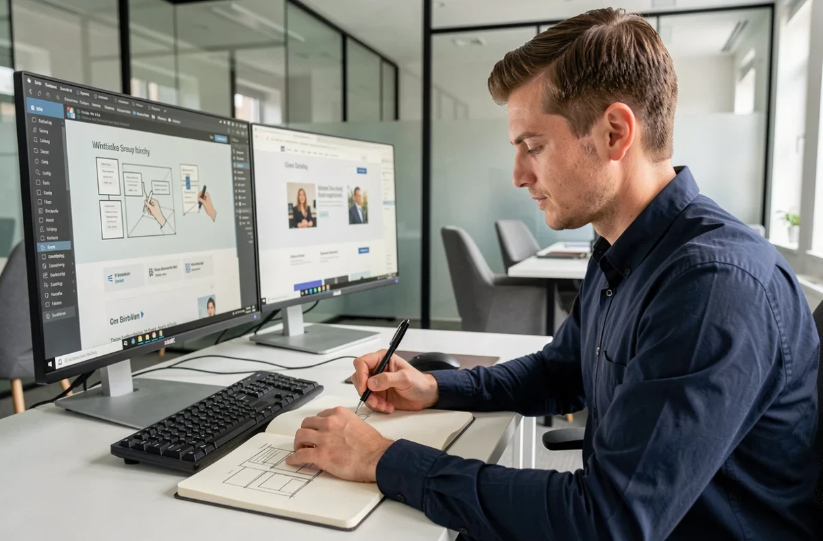 Designer UX/UI travaillant sur des maquettes de site web sur-mesure dans un studio à Strasbourg