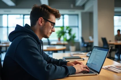 Étudiant ingénieur consultant le portail eservice ESIGELEC sur son ordinateur portable dans un espace de travail universitaire moderne