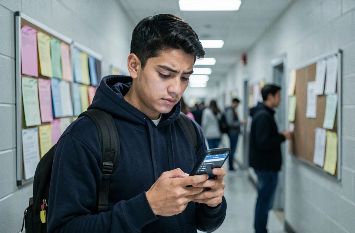 Étudiant configurant la messagerie Versailles sur son téléphone Android dans un couloir universitaire