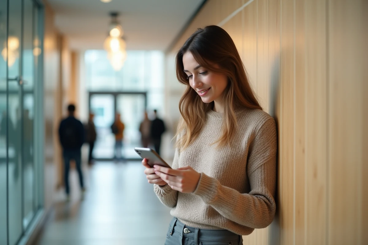 Étudiante de l'ESIGELEC utilisant l'application mobile eservice dans un couloir de grande école d'ingénieurs