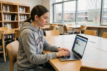 Étudiante de l'UPVD consultant l'ENT sur son ordinateur portable dans une bibliothèque universitaire moderne en 2026