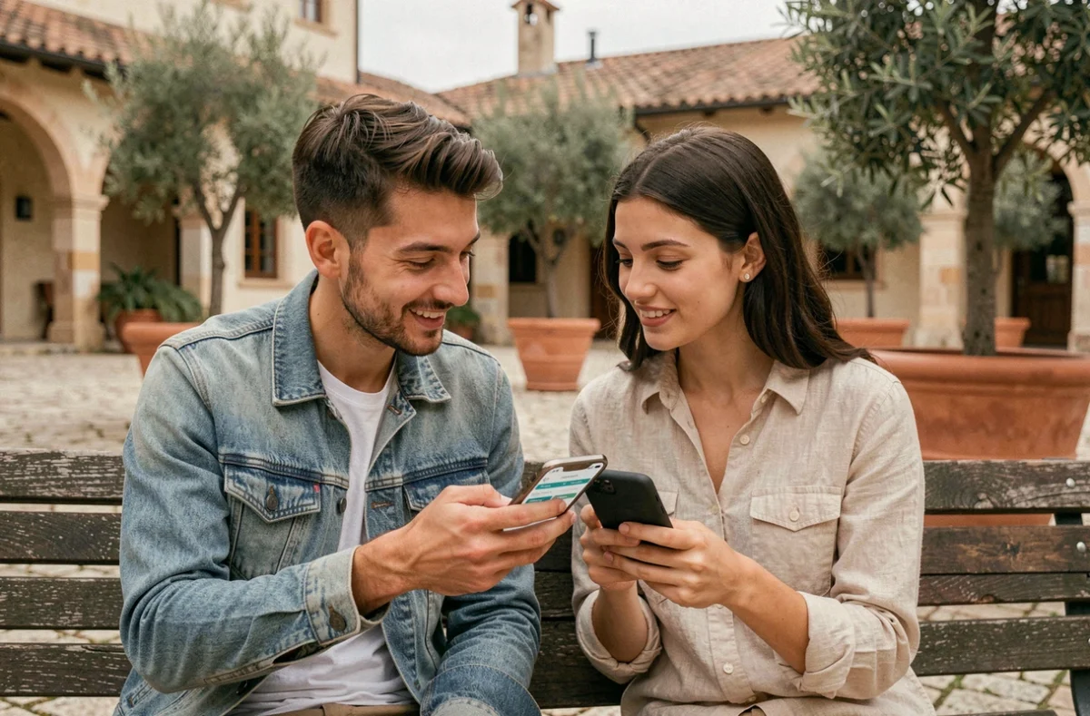 Deux étudiants consultant l'application mobile de l'ENT UPVD en 2026 sur le campus en plein air à Perpignan