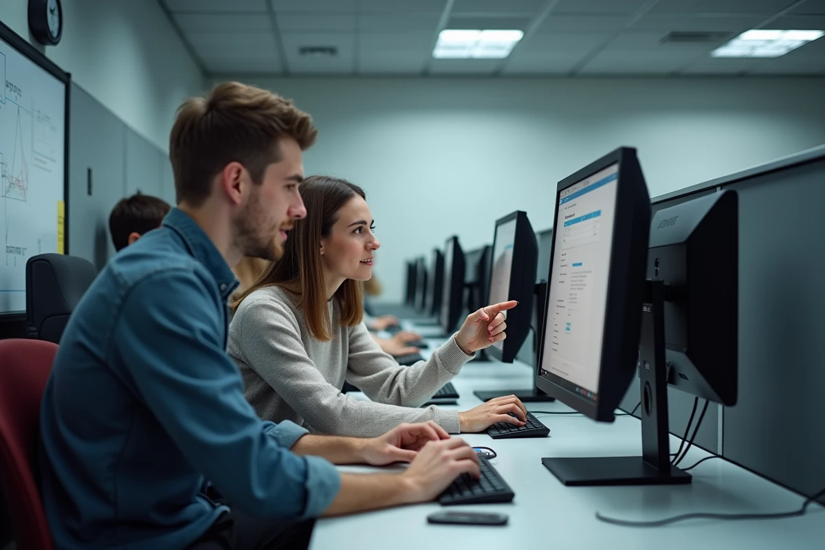 Deux étudiants ingénieurs de l'ESIGELEC consultant ensemble le service en ligne eservice sur un poste informatique en salle de travail