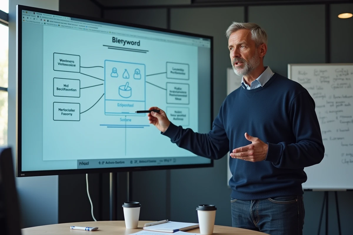 Expert en SEO présentant une stratégie de référencement de site web sur un grand écran dans une salle de réunion