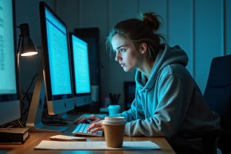 Jeune femme épuisée devant plusieurs écrans d'ordinateur illustrant les effets négatifs de l'utilisation excessive des technologies numériques