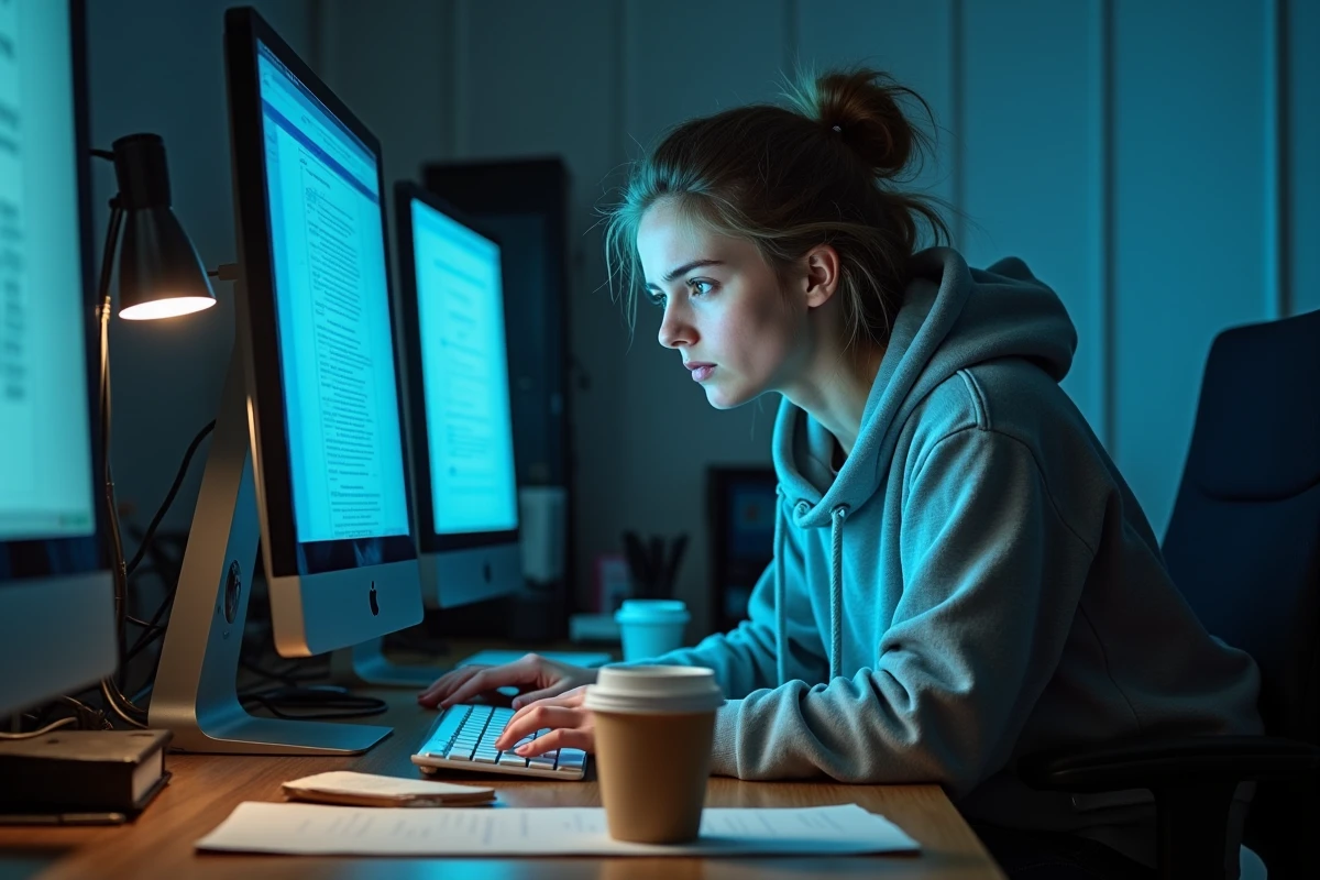 Jeune femme épuisée devant plusieurs écrans d'ordinateur illustrant les effets négatifs de l'utilisation excessive des technologies numériques