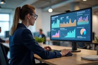 Femme professionnelle analysant un tableau de bord de publicité en ligne dans un bureau moderne