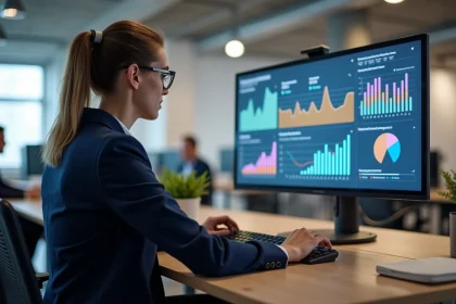 Femme professionnelle analysant un tableau de bord de publicité en ligne dans un bureau moderne