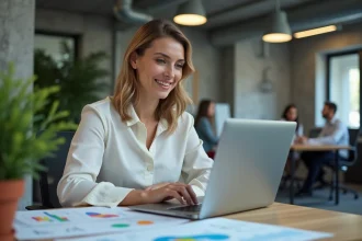 Femme analyste marketing examinant des tableaux de bord d'intelligence artificielle sur un ordinateur portable dans un bureau moderne