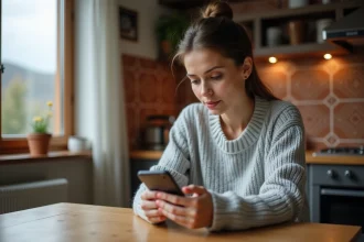 Femme consultant l'application météo AccuWeather sur son smartphone dans une cuisine
