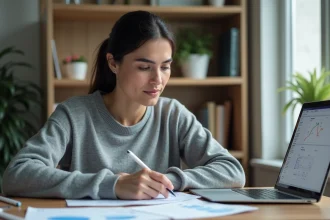 Femme apprenant le référencement SEO à son bureau avec des notes et un ordinateur portable affichant Google Analytics