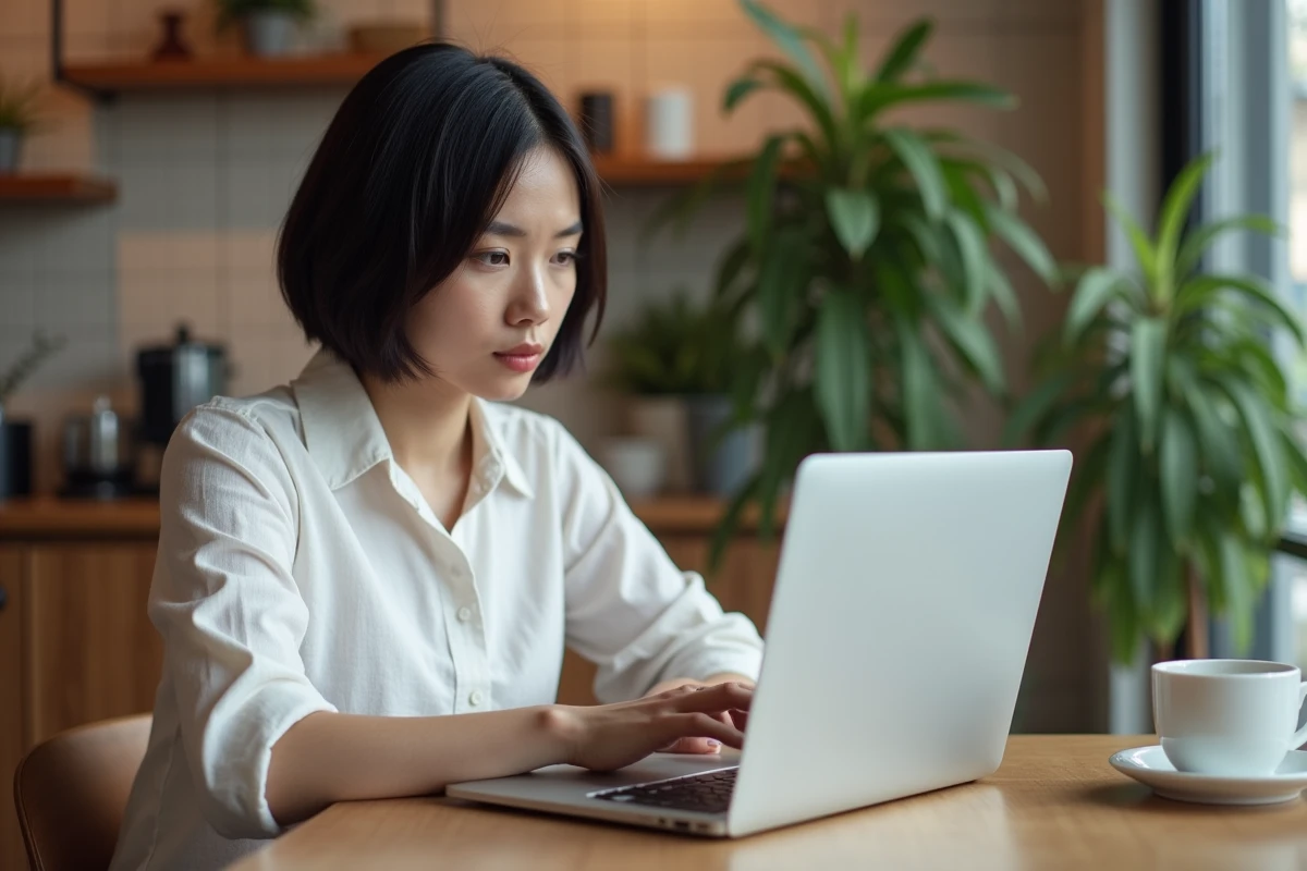 Femme hésitante face à un avertissement de connexion non sécurisée HTTP sur son ordinateur portable dans un café