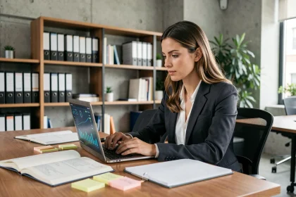 Femme professionnelle consultant un tableau de bord numérique sur un laptop dans un bureau moderne, illustrant la veille informationnelle et les contenus d'Infonovateur