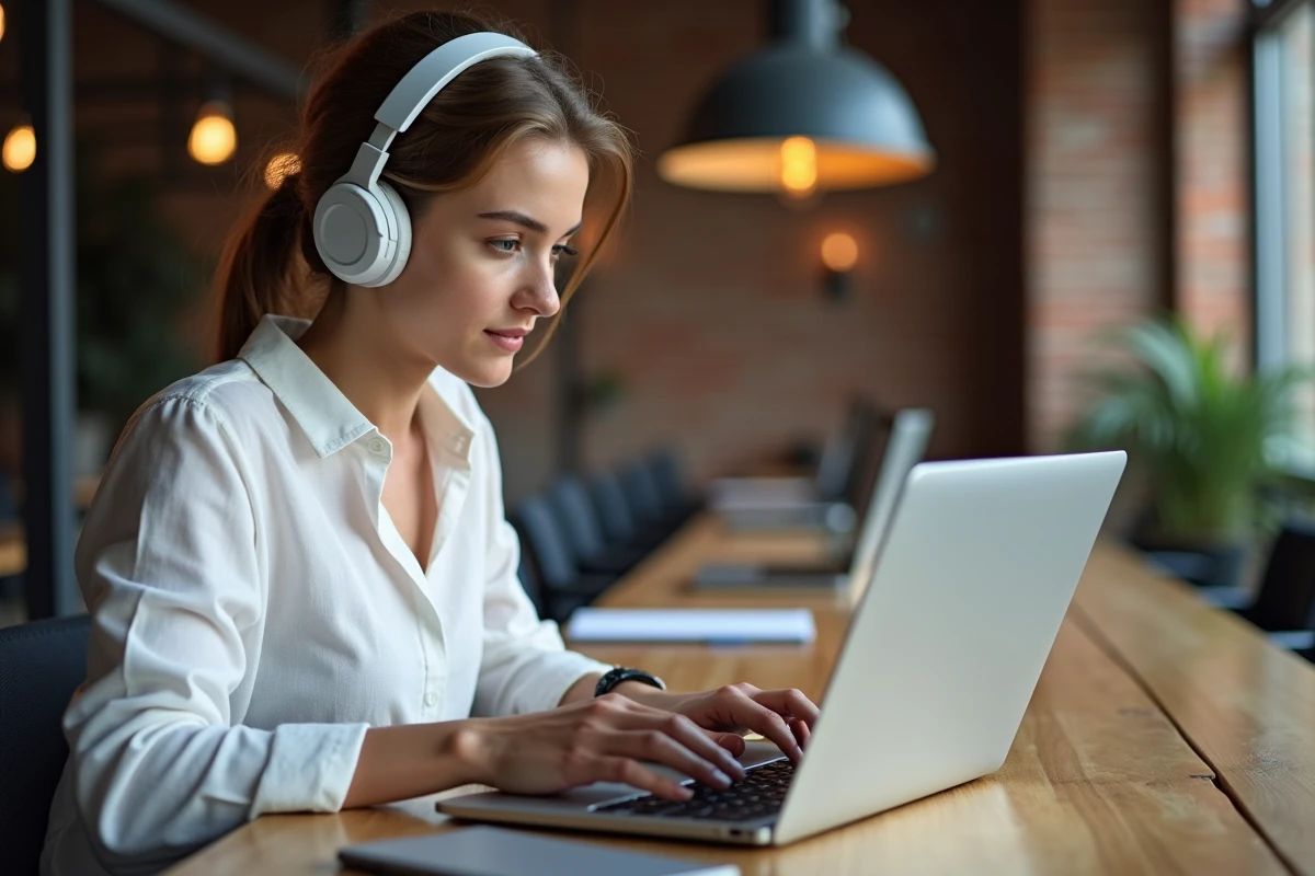 Jeune femme avec casque audio relisant une transcription vocale automatique sur un logiciel professionnel dans un espace de coworking