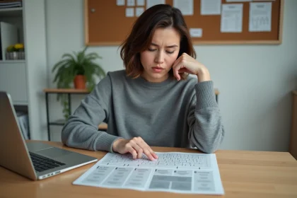 Femme comparant un clavier MacBook avec une fiche de référence des touches Dell dans un bureau moderne