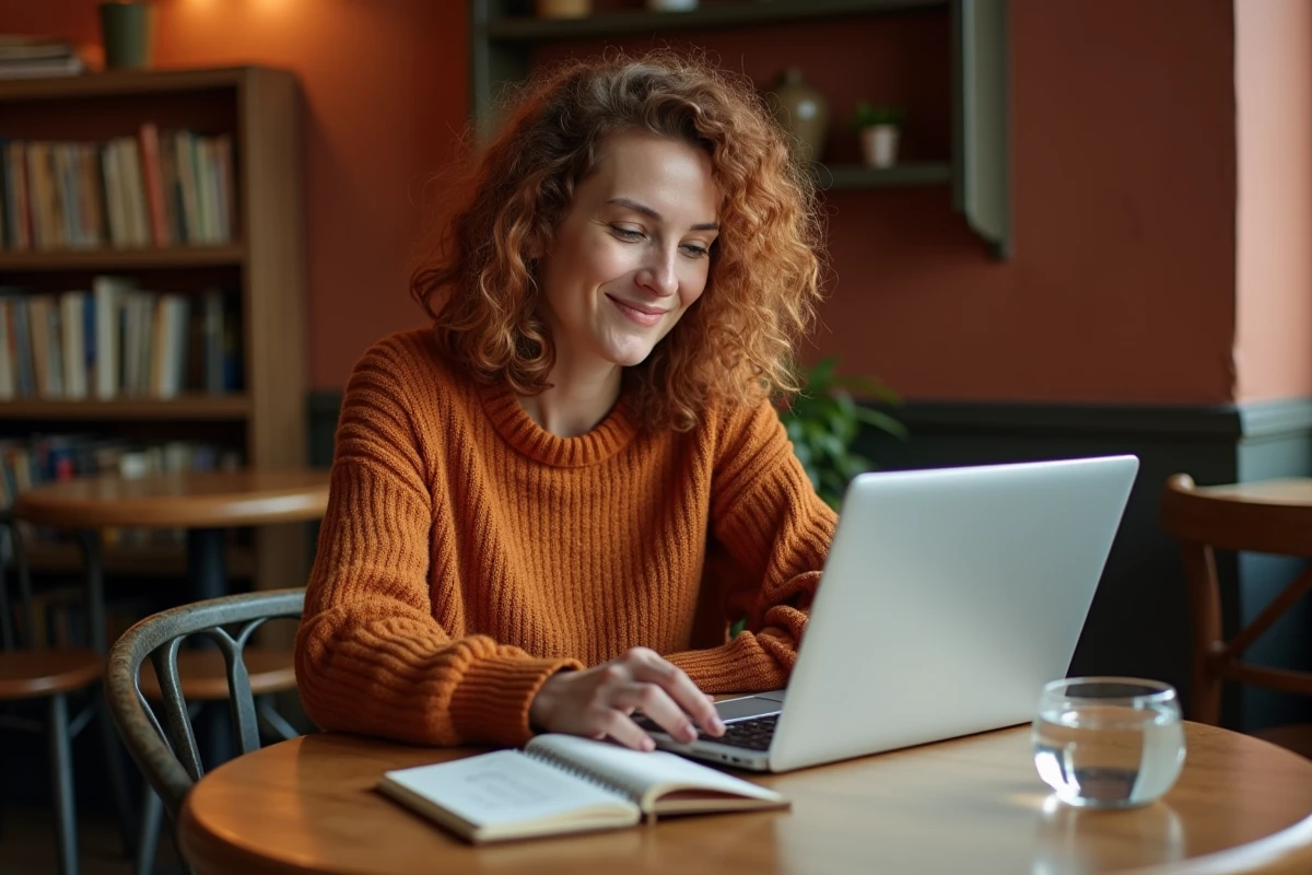 Femme comparant les réponses d'un chatbot IA à ses propres notes manuscrites dans un café, illustrant les limites créatives de l'IA