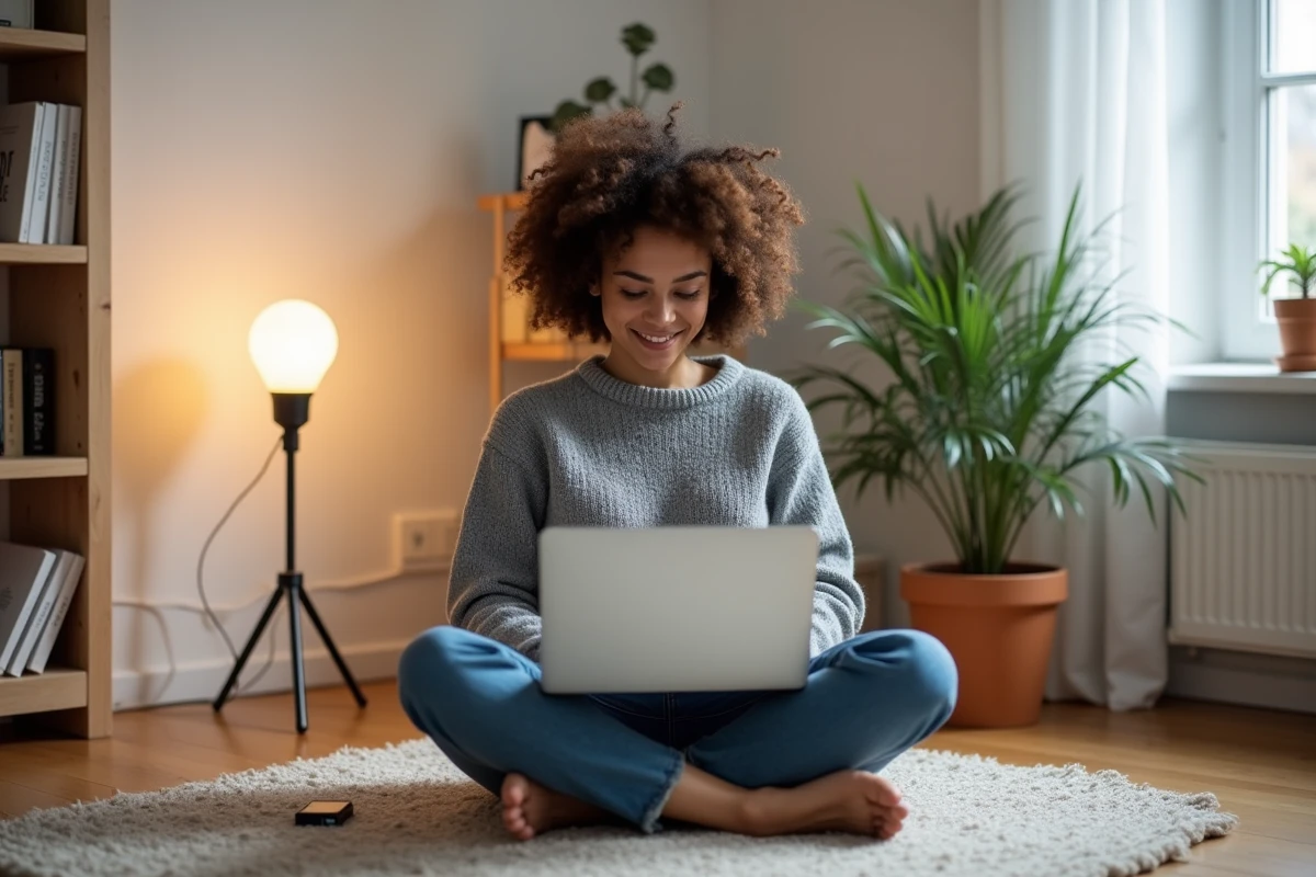 Femme travaillant sur ordinateur portable connectée via LiFi grâce à une ampoule LED dans un salon minimaliste