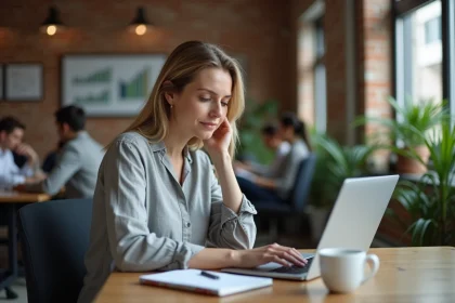 Femme professionnelle utilisant une connexion Wi-Fi sans fil sur son ordinateur portable dans un bureau moderne en open space