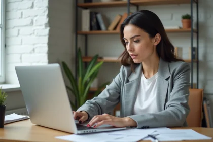 Femme convertissant un fichier PDF en document Word sur son ordinateur portable dans un bureau à domicile