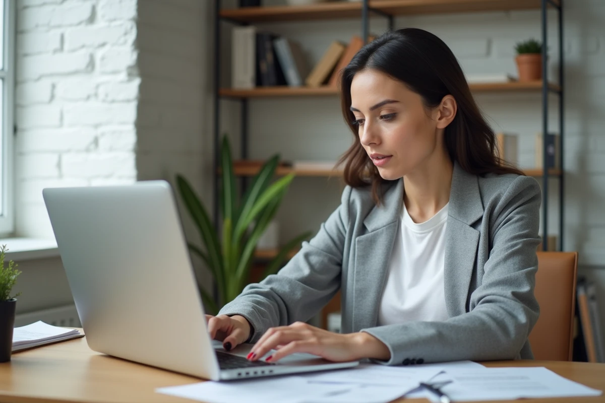 Femme convertissant un fichier PDF en document Word sur son ordinateur portable dans un bureau à domicile