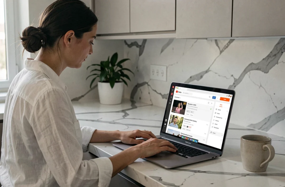 Femme utilisant un convertisseur YouTube MP4 sur son ordinateur portable dans une cuisine moderne pour télécharger des vidéos 4K