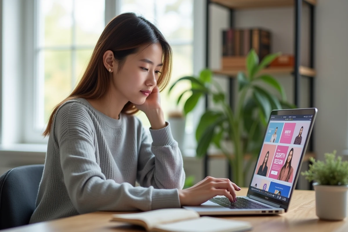 Jeune femme utilisant un logiciel de création graphique sur ordinateur portable pour concevoir des vidéos pour les réseaux sociaux avec Canva