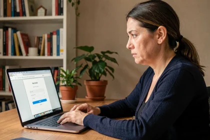 Femme analysant une page de connexion suspecte sur son ordinateur portable pour détecter une fausse page de login AOL