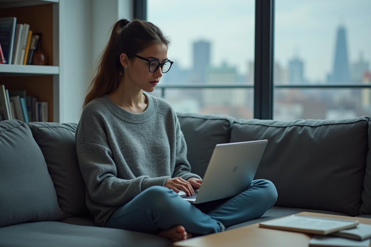 Femme développeuse Python résolvant des erreurs de permissions pip sur un ordinateur portable dans un appartement moderne