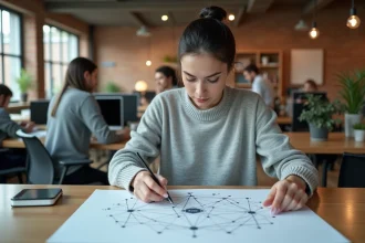Femme étudiant un diagramme de réseau de nœuds interconnectés dans un bureau moderne