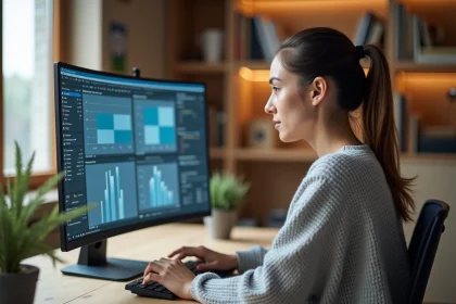 Femme travaillant sur un écran PC ultra wide incurvé dans un bureau à domicile moderne