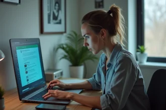 Femme frustrée face à un écran d'ordinateur envahi de fenêtres publicitaires pop-up, illustrant les inconvénients de la publicité en ligne