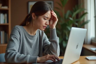 Jeune femme frustrée devant un écran d'ordinateur affichant une erreur de site web