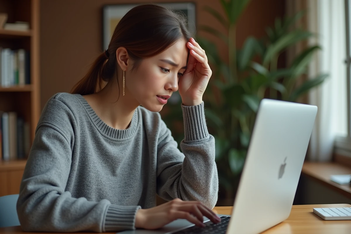 Jeune femme frustrée devant un écran d'ordinateur affichant une erreur de site web