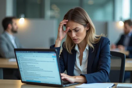 Femme frustrée devant un écran d'ordinateur portable affichant une boîte de réception Outlook saturée de courriers indésirables dans un bureau moderne