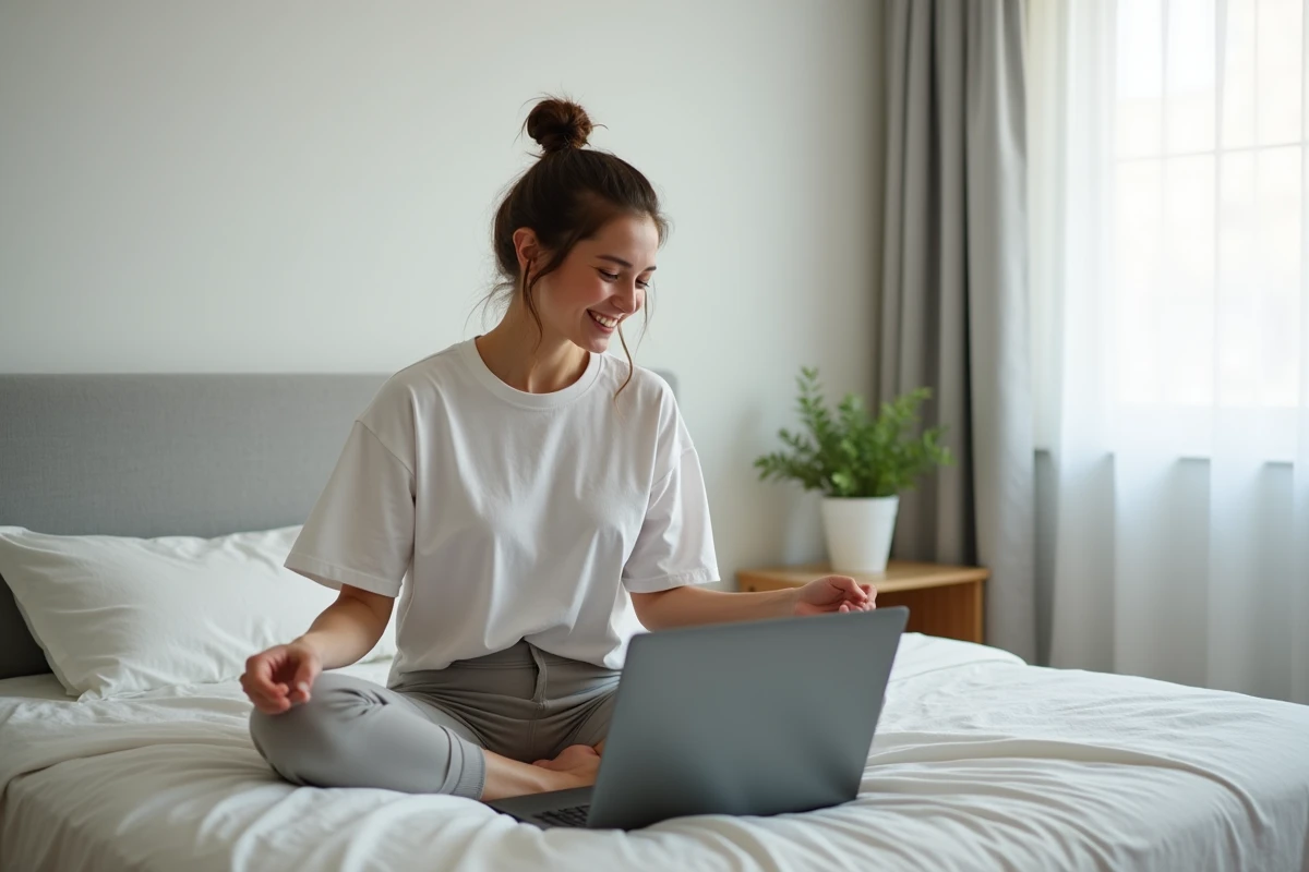 Femme adulte jouant sur un laptop gaming dans une chambre minimaliste lumineuse et moderne
