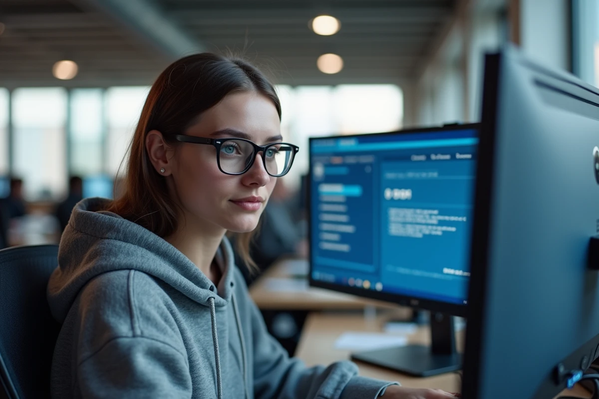 Femme jeune naviguant dans l'interface UEFI BIOS sur un ordinateur de bureau dans un bureau moderne