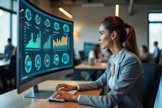 Femme professionnelle utilisant un logiciel tableur nouvelle génération sur un grand écran incurvé dans un bureau moderne
